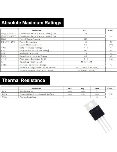 20 Transistores IRLZ34N N-Channel 30A 55V TO-220 con Disipadores