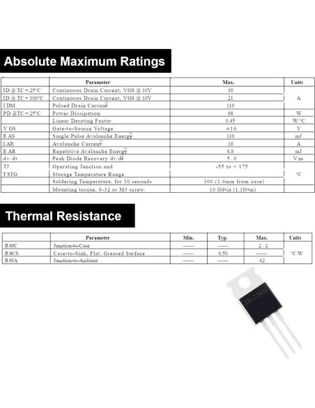 20 Transistores IRLZ34N N-Channel 30A 55V TO-220 con Disipadores