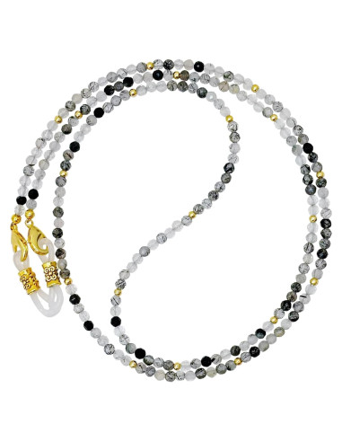 Cadena de Gafas Elegante con Perlas y Cuarzo Negro Rutilado