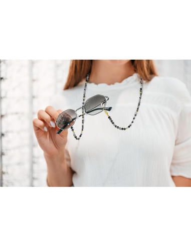 Cadena de Gafas Elegante con Perlas y Cuarzo Negro Rutilado