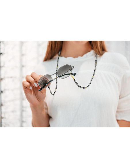 Cadena de Gafas Elegante con Perlas y Cuarzo Negro Rutilado