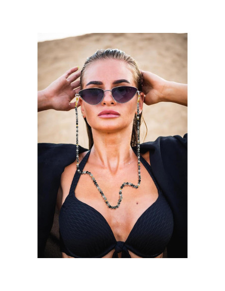 Cadena de Gafas Elegante con Perlas y Cuarzo Negro Rutilado