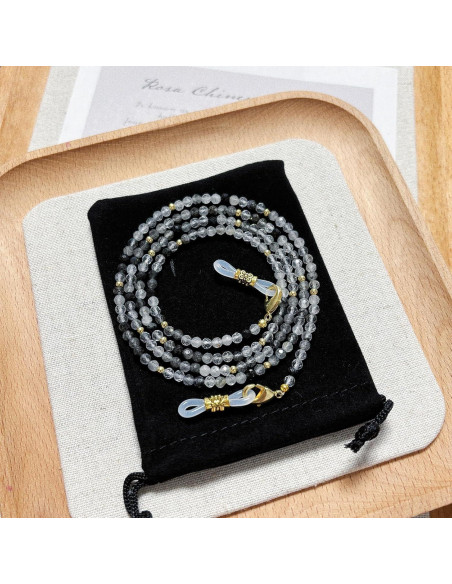 Cadena de Gafas Elegante con Perlas y Cuarzo Negro Rutilado