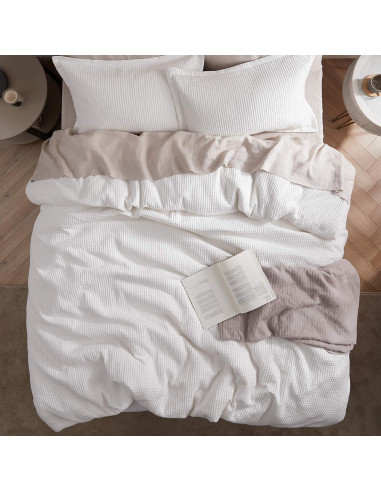 Funda de Edredón Bedsure Queen Algodón Waffle Blanco Coco