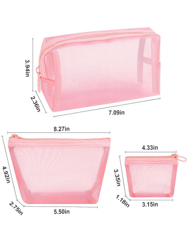 Conjunto de 3 Bolsas Cosméticas Aosbos - Malla Rosa