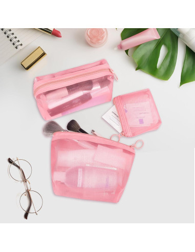 Conjunto de 3 Bolsas Cosméticas Aosbos - Malla Rosa