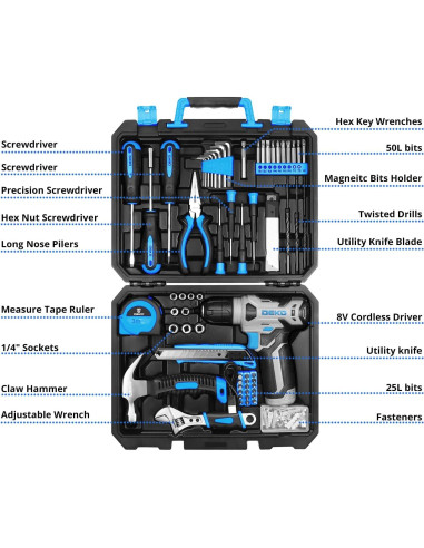 DEKOPRO Taladro Inalámbrico 8V Azul + Kit 126 Piezas