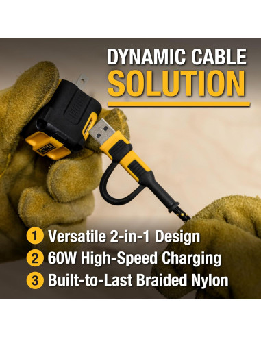 Cable de Carga 2en1 DEWALT USB-C 1.83m Carga Rápida 60W
