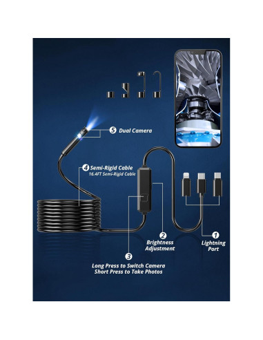 Cámara Endoscópica Acoath 1920P HD 5m Doble Lente IP67