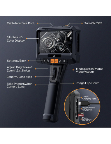Borescopio Articulado Acekool 1280P 1.68m con Luz LED
