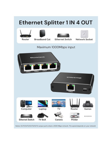 Divisor Ethernet 1 a 4 Dockteck 1000Mbps RJ45 Aluminio