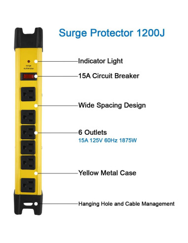 Regleta de Sobretensión CCCEI 6 Enchufes 15A 1200J Amarillo 1.83M