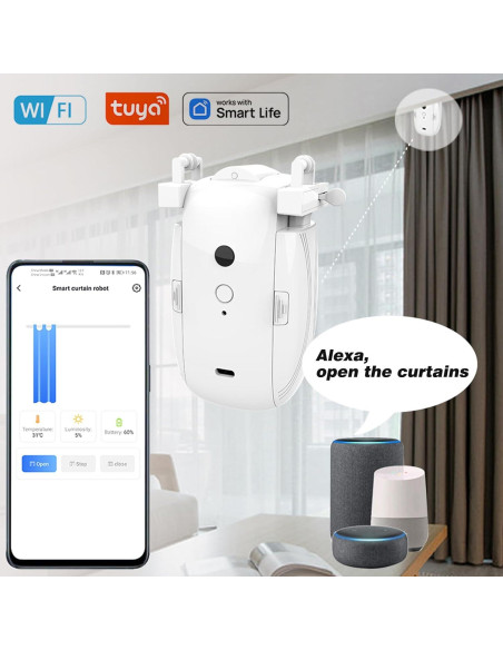 Apertura Automática Cortinas Inteligente OUGETHER - Control Remoto App, Voz, Sensor Luz
