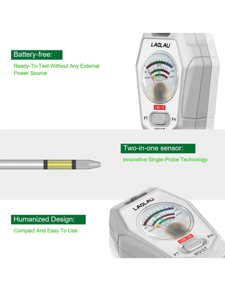 Kit de Prueba de Suelo 3-en-1 Gardenia, Medidor de pH y Humedad