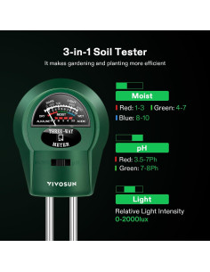 Medidor de Suelo VIVOSUN 3-en-1 Humedad Luz pH 25,5 cm 2