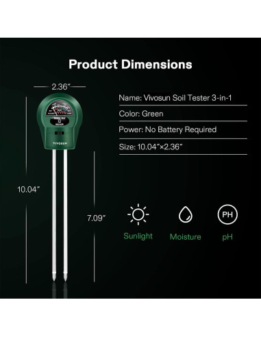 Medidor de Suelo VIVOSUN 3-en-1 Humedad Luz pH 25,5 cm