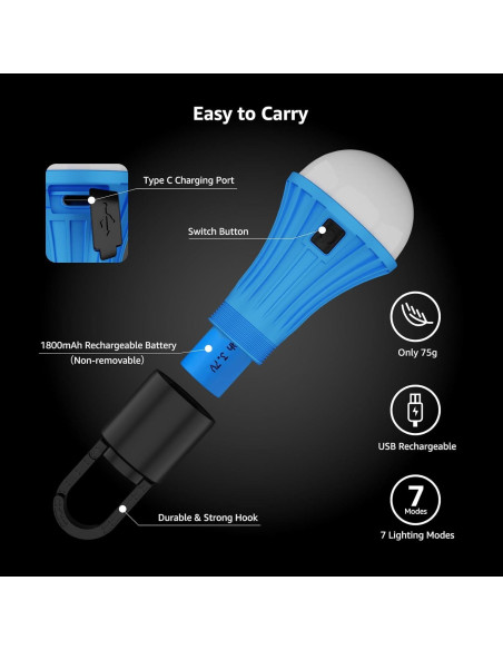 Linterna LED Recargable Lepro 7 Modos para Camping 14cm