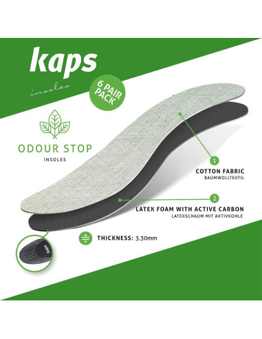 Paquete de 6 pares de plantillas Kaps Odour Stop 30 cm