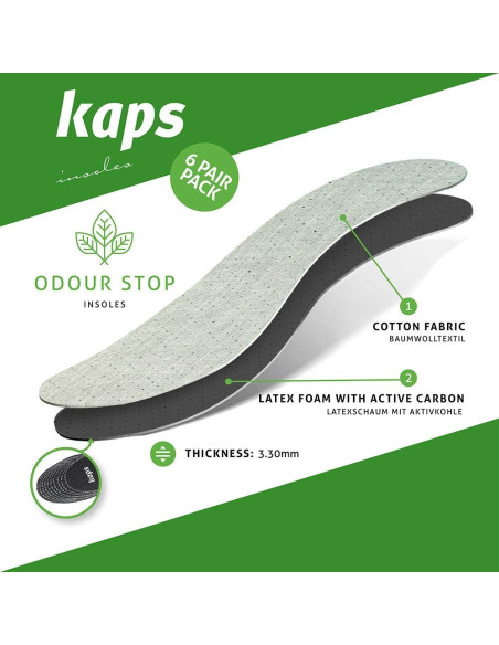 Paquete de 6 pares de plantillas Kaps Odour Stop 30 cm