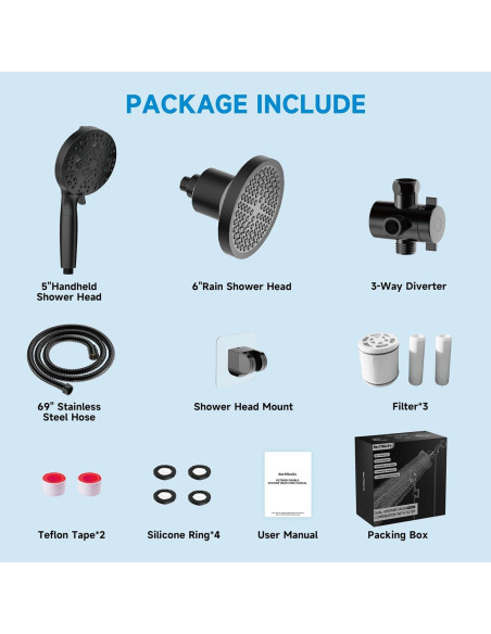 Cabezal de Ducha Filtrado NecYINuoVe Doble 6" y 5" Negro