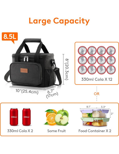 Bolsa de Almuerzo Aislante Lifewit 8.5L Negra para Adultos