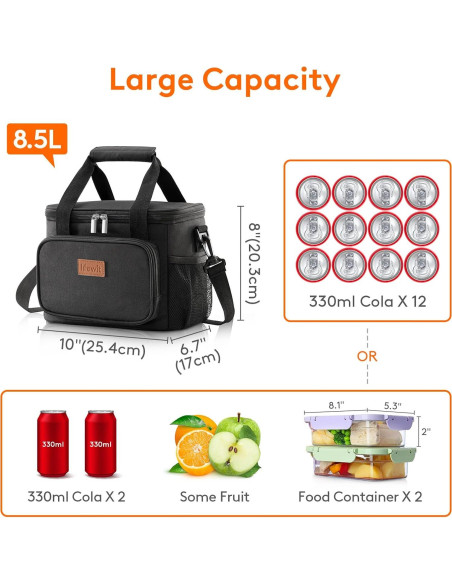 Bolsa de Almuerzo Aislante Lifewit 8.5L Negra para Adultos