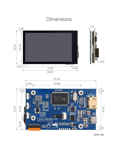 Pantalla LCD táctil Waveshare 3.5" 480x800 para Raspberry Pi