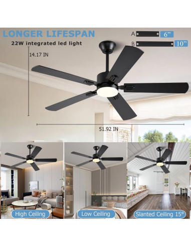 Ventilador de Techo FUMLTP 52" Negro con Luz LED y Control Remoto