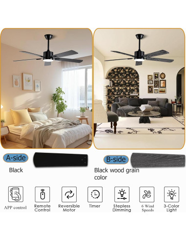 Ventilador de Techo FUMLTP 52" Negro con Luz LED y Control Remoto