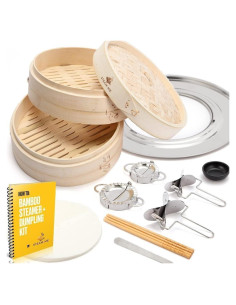 Cesta de Vapor de Bambú 25 cm con Anillo Adaptador y Moldes
