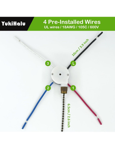Interruptor de cadena para ventilador de techo YukiHalu ZE-208S 3 velocidades