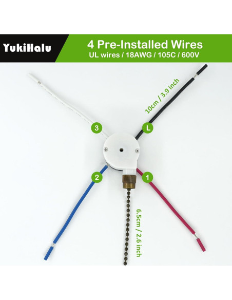 Interruptor de cadena para ventilador de techo YukiHalu ZE-208S 3 velocidades