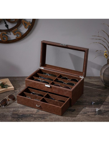 Organizador de Gafas BEWISHOME 12 Compartimentos Cuero Sintético