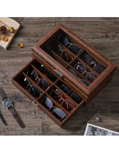 Organizador de Gafas BEWISHOME 12 Compartimentos Cuero Sintético