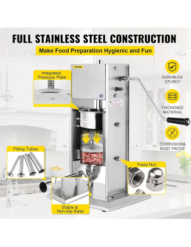 Embutidor de Salchichas Happybuy 3L Acero Inoxidable 2 Velocidades