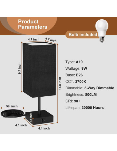 Lámpara de Mesa Sailstar Táctil Regulable 3 Niveles USB Negra