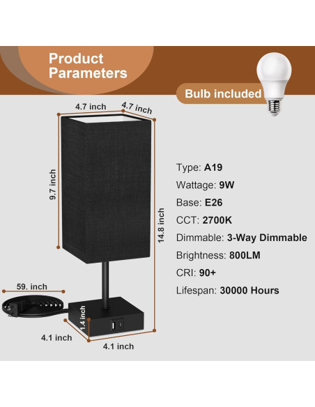 Lámpara de Mesa Sailstar Táctil Regulable 3 Niveles USB Negra