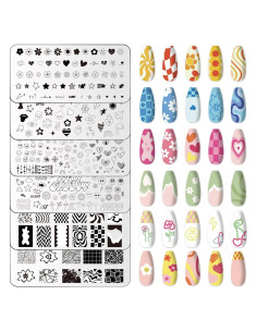 Placas de Uñas Whaline 6 Pcs Estampado Preppy Flores Corazones