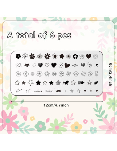 Placas de Uñas Whaline 6 Pcs Estampado Preppy Flores Corazones