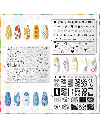 Placas de Uñas Whaline 6 Pcs Estampado Preppy Flores Corazones