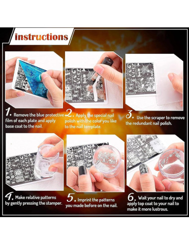 Placas de Uñas Whaline 6 Pcs Estampado Preppy Flores Corazones