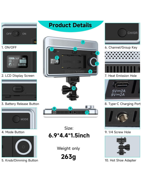 VILTROX Luz de Video RGB 15W CRI 95+ Portátil 2800-6800K