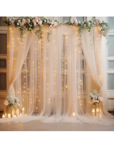 Cortina de Tulle Champagne 3.05x3.05m con Luces para Fiestas
