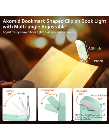 Luz de lectura recargable Akomid con clip, 8 LEDs, turquesa