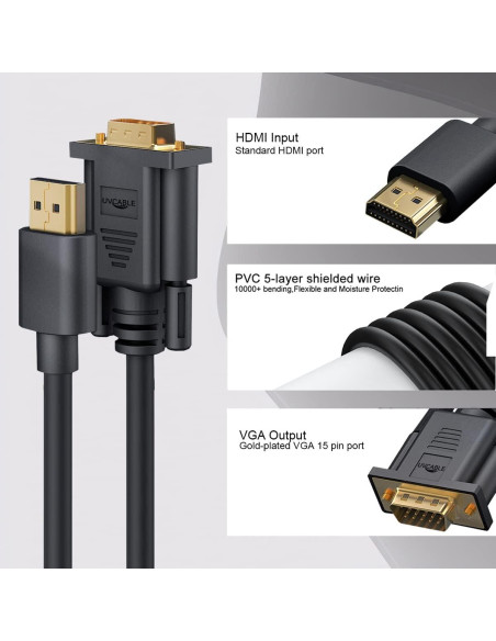 Adaptador HDMI a VGA UV-CABLE 1.83M Macho a Macho 1080p