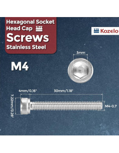 50 Tornillos Hexagonales M4-0.7 x 30mm Acero Inoxidable Kozelo 2
