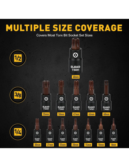 Juego de 16 Piezas Enchufe Torx ELEAD T8-T60 Acero S2