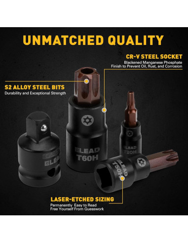 Juego de 16 Piezas Enchufe Torx ELEAD T8-T60 Acero S2
