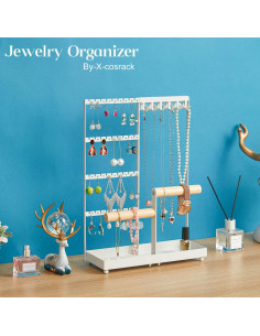 Soporte Organizador de Joyería X-cosrack, 72 Agujeros, 12 Ganchos, 2 Barras, Blanco 2