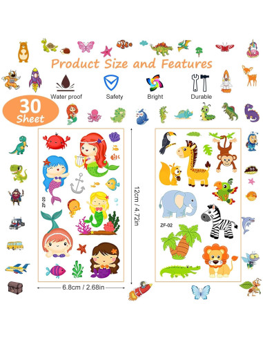 Set de 300+ Tatuajes Temporales para Niños Habett - Animales, Espacio, Dinosaurios